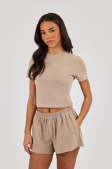 Peached Soft Touch Short Sleeve Top & Button Front Shorts - Taupe