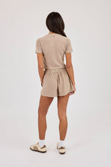 Peached Soft Touch Short Sleeve Top & Button Front Shorts - Taupe