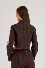 Pinstripe Taping Cropped Harrington Jacket - Chocolate