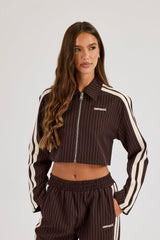 Pinstripe Taping Cropped Harrington Jacket - Chocolate