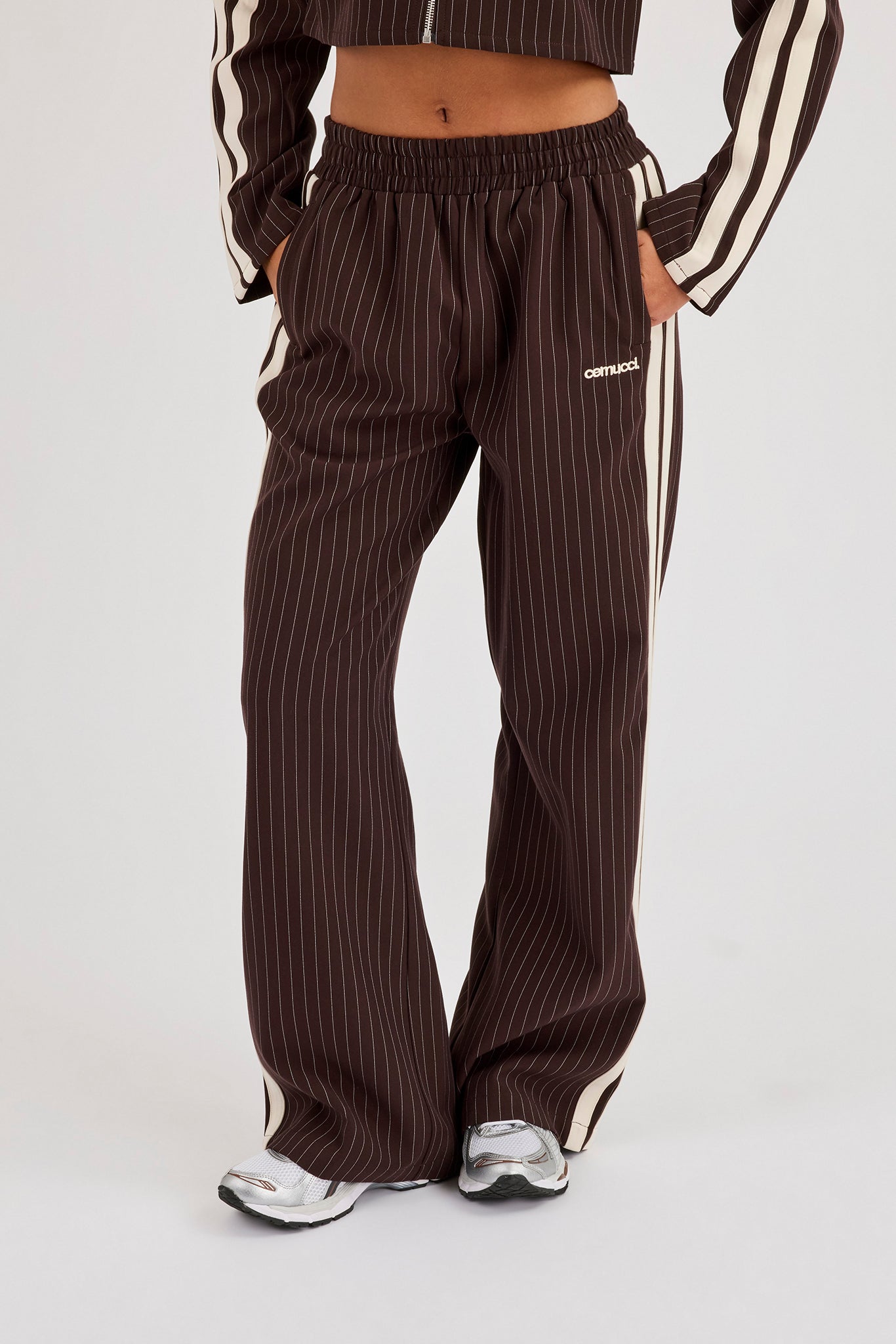 Pinstripe Taping Wide Leg Track Pant - Chocolate
