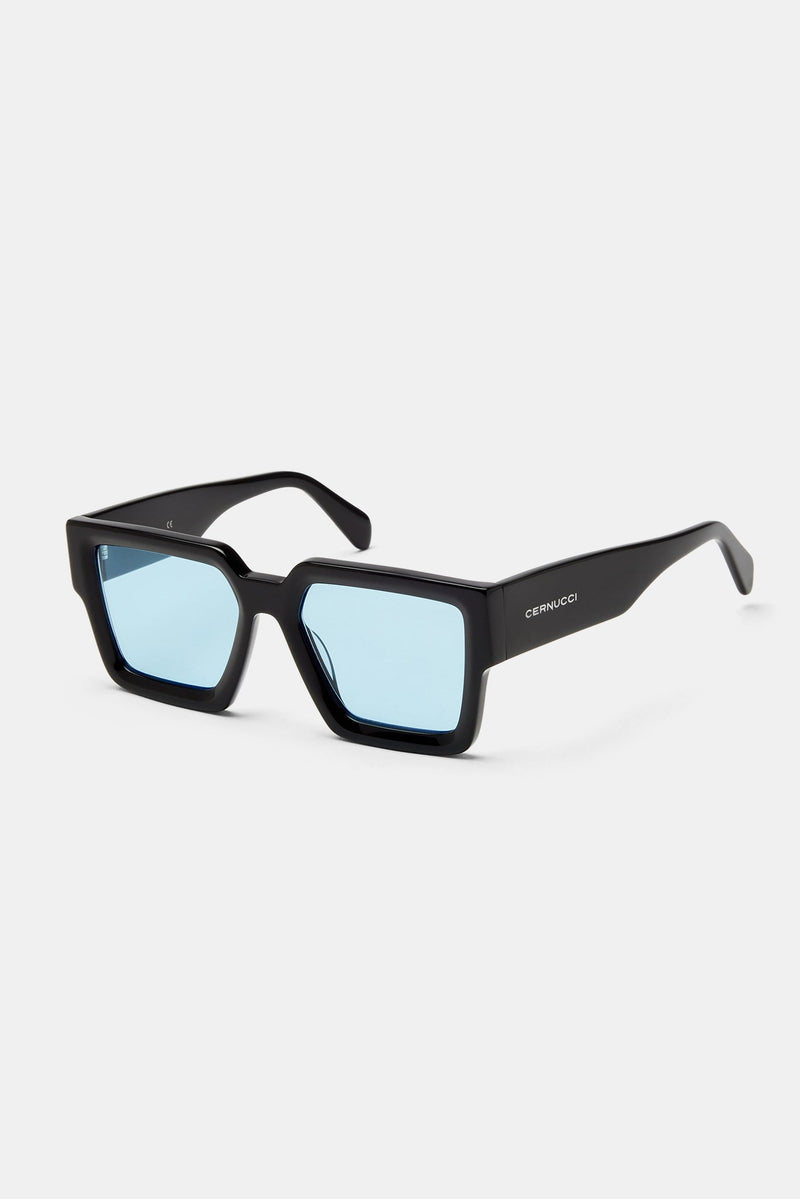 Oversized Thick Frame Blue Acetate Sunglasses - Black