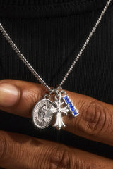 Multi Cross, Medal & Blue CZ Necklace - 15mm - White