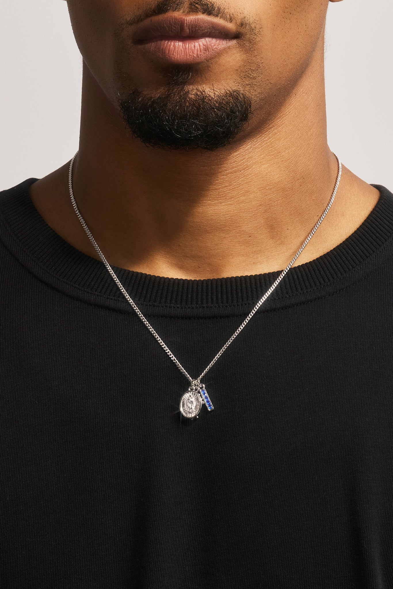 Multi Cross, Medal & Blue CZ Necklace - 15mm - White