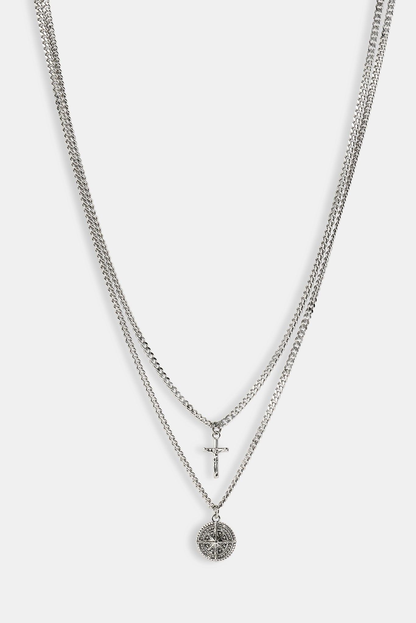 Double Layer Cuban Crucifix & Compass Necklace - 15mm - White