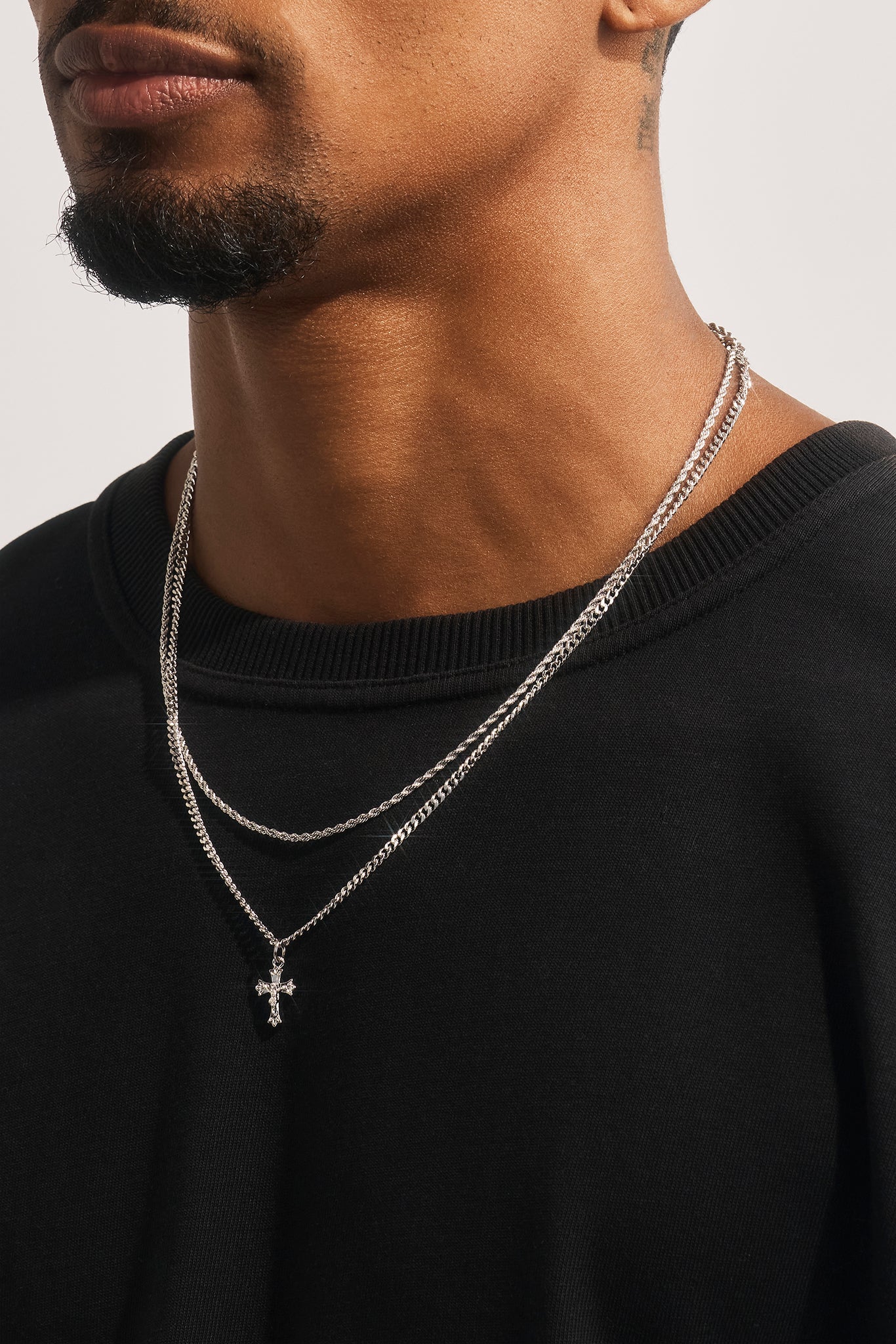 Double Layer Cuban & Rope Crucifix Necklace - 15mm - White