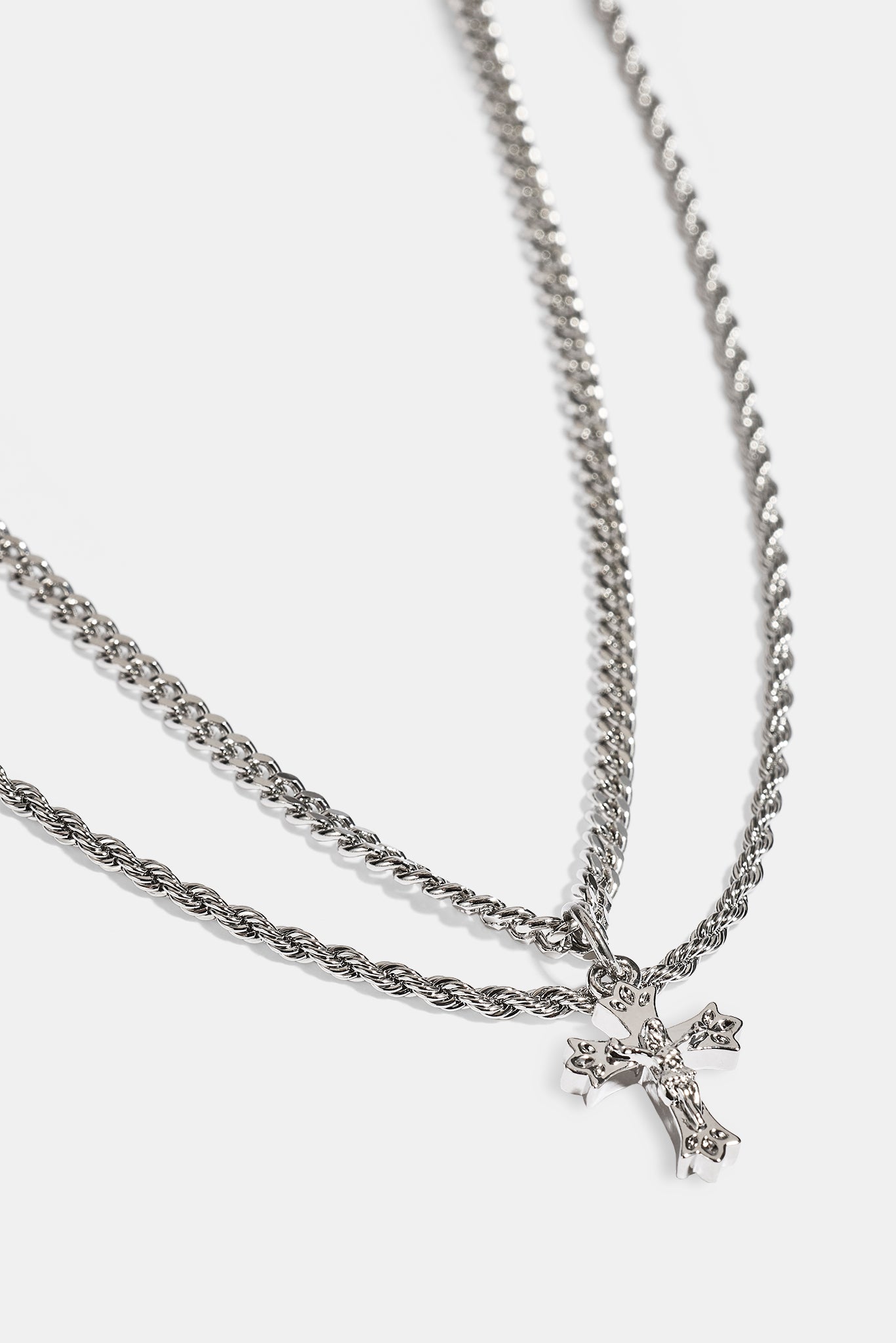 Double Layer Cuban & Rope Crucifix Necklace - 15mm - White