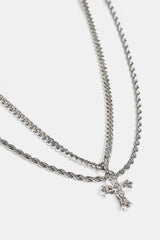 Double Layer Cuban & Rope Crucifix Necklace - 15mm - White