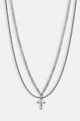 Double Layer Cuban & Rope Crucifix Necklace - 15mm - White