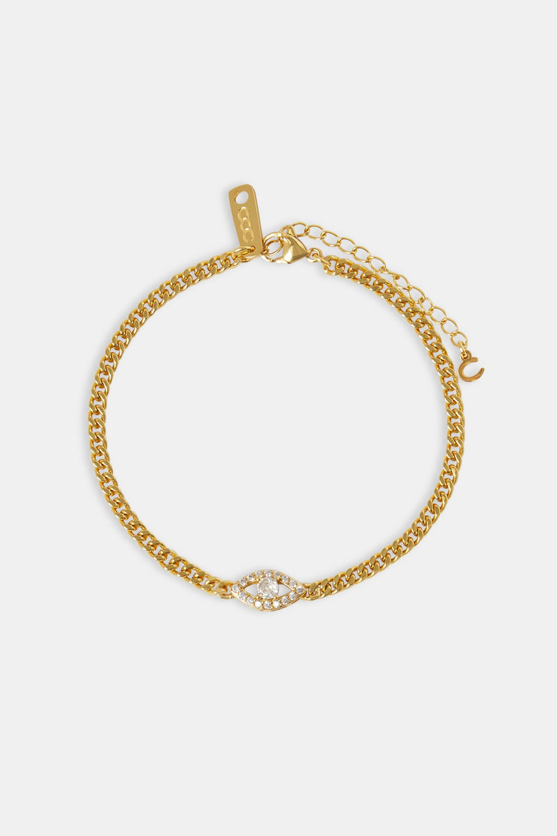 Iced Evil Eye Micro Cuban Anklet - 3mm - Gold