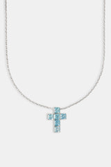 Iced Blue Square Stone Cross Necklace - 25mm