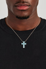 Iced Blue Square Stone Cross Necklace - 25mm