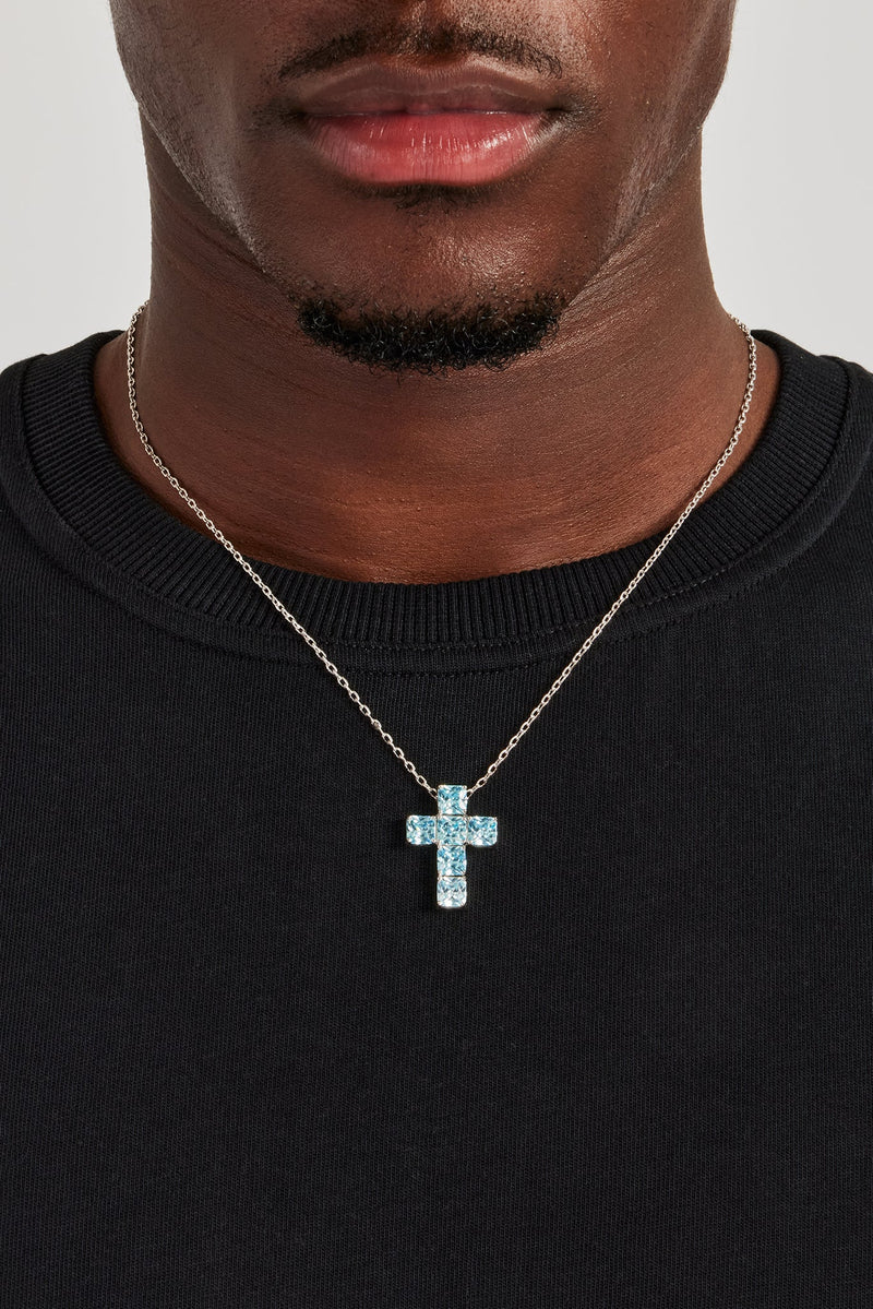 Iced Blue Square Stone Cross Necklace - 25mm