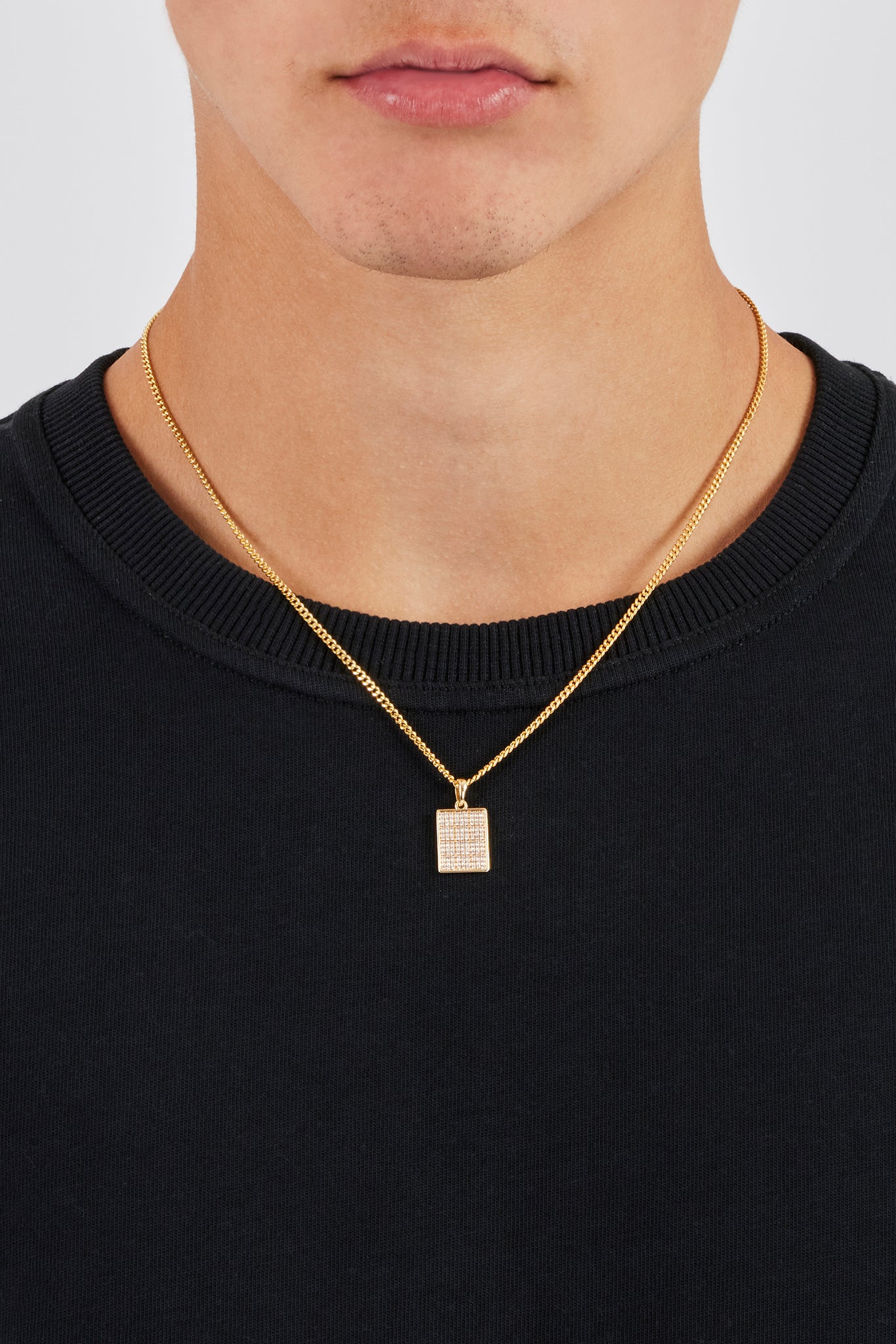 Iced CZ Grid Dog Tag Necklace - 20mm - Gold