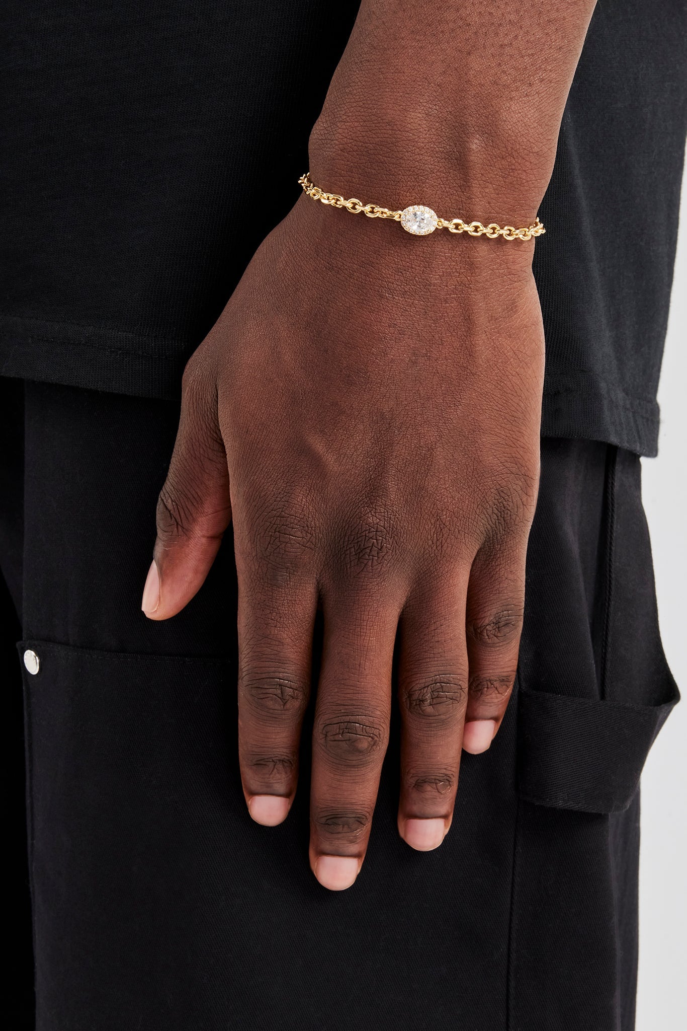 Iced Oval Gemstone Rolo Bracelet - 10mm - Gold