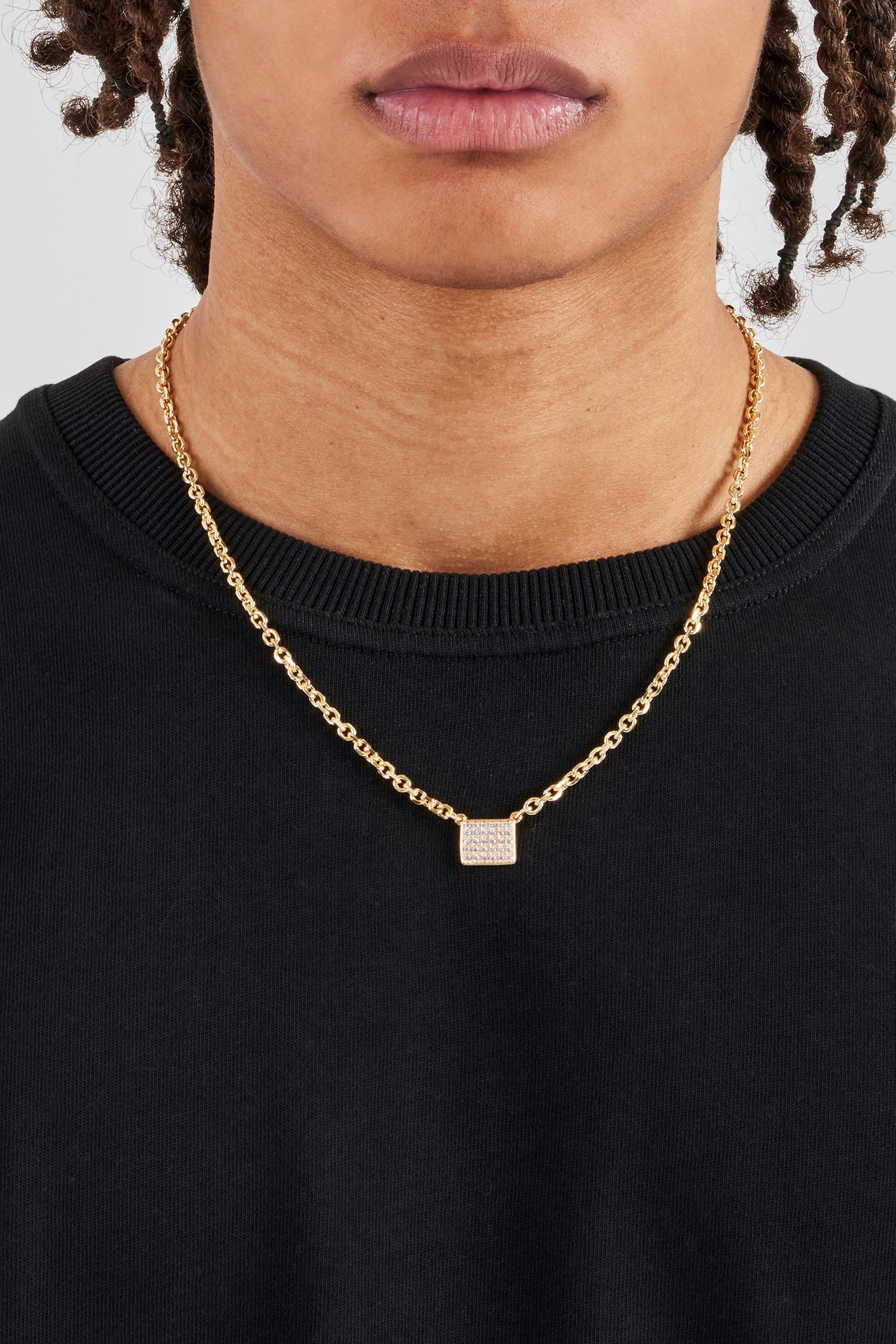 Iced Pave Rectangular Pendant Necklace - 10mm - Gold