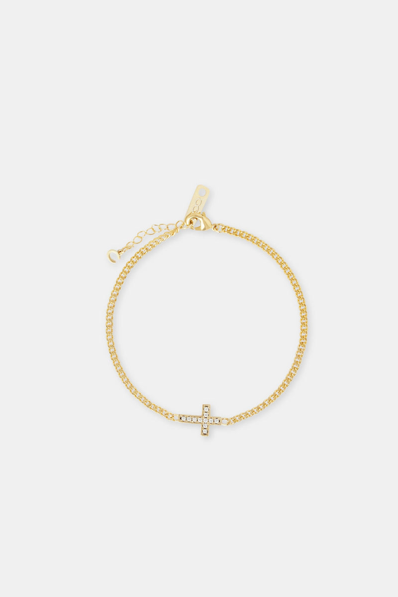 Iced Cross Motif Cuban Bracelet - 5mm - Gold