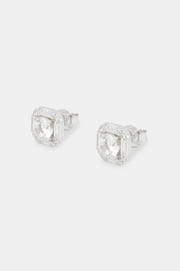 Sterling Silver Iced CZ Baguette Square Stud Earrings