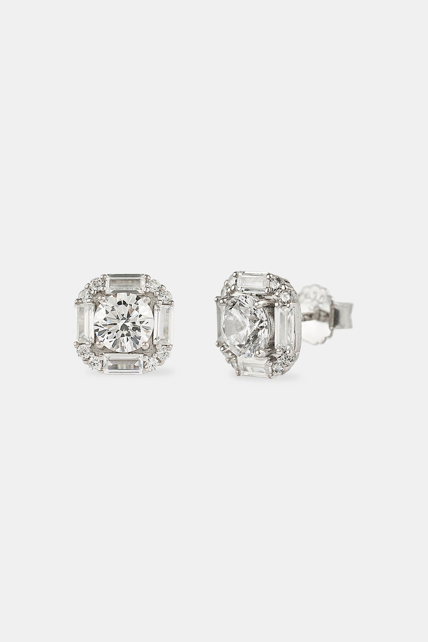 Sterling Silver Iced CZ Baguette Square Stud Earrings - 10mm