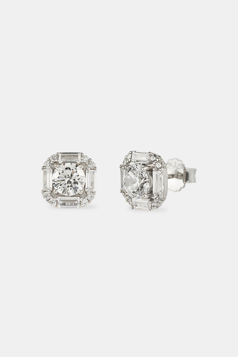 Sterling Silver Iced CZ Baguette Square Stud Earrings - 10mm