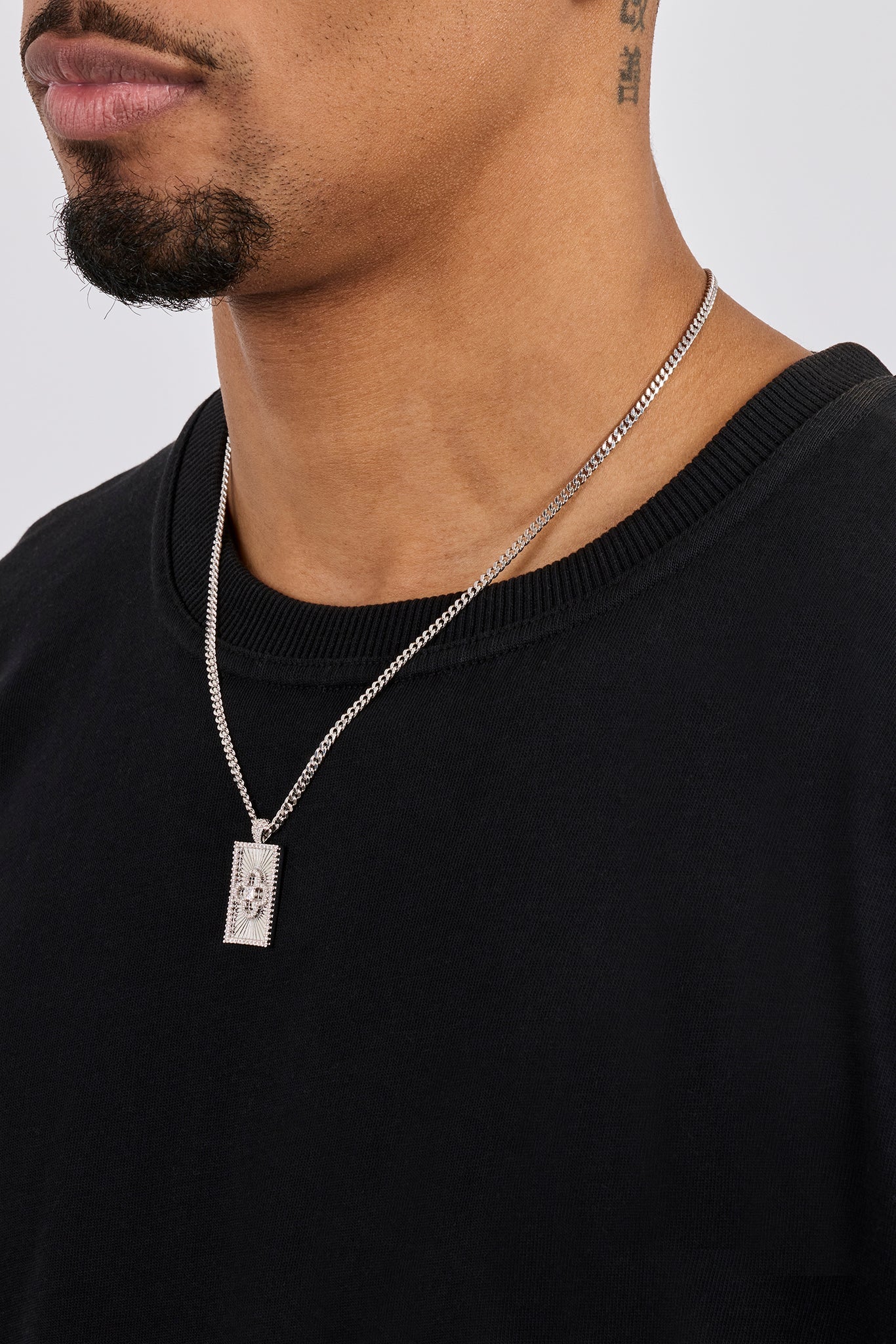 Iced Edge Motif Tag Micro Pendant Necklace - 15mm - White