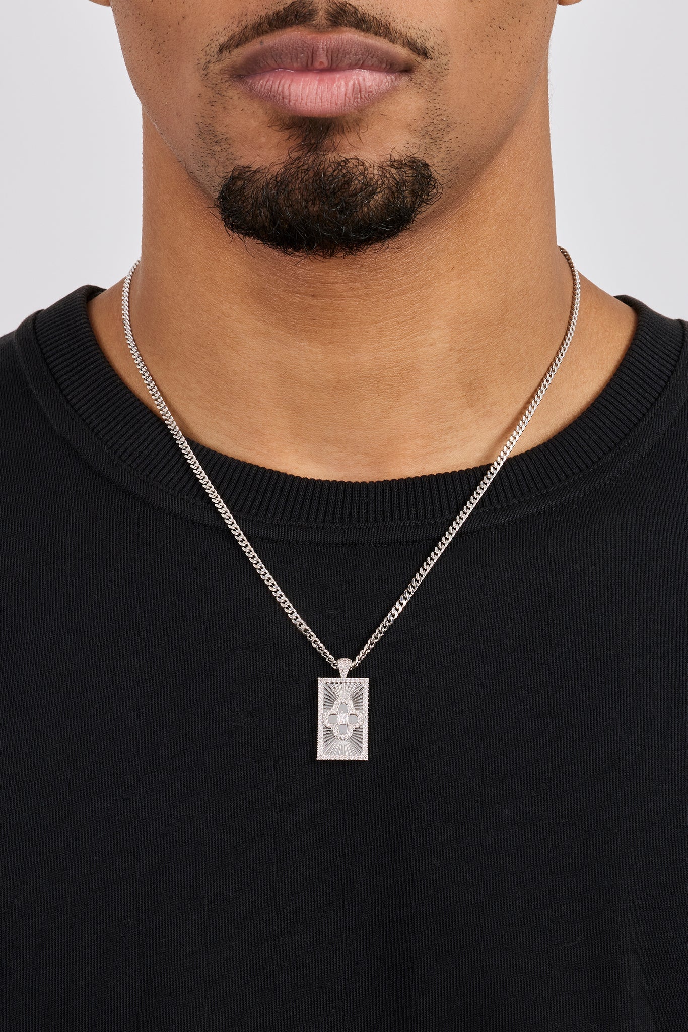 Iced Edge Motif Tag Micro Pendant Necklace - 15mm - White