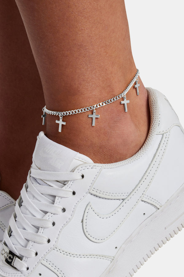 Polished Cuban Drop Cross Anklet - 3mm - White