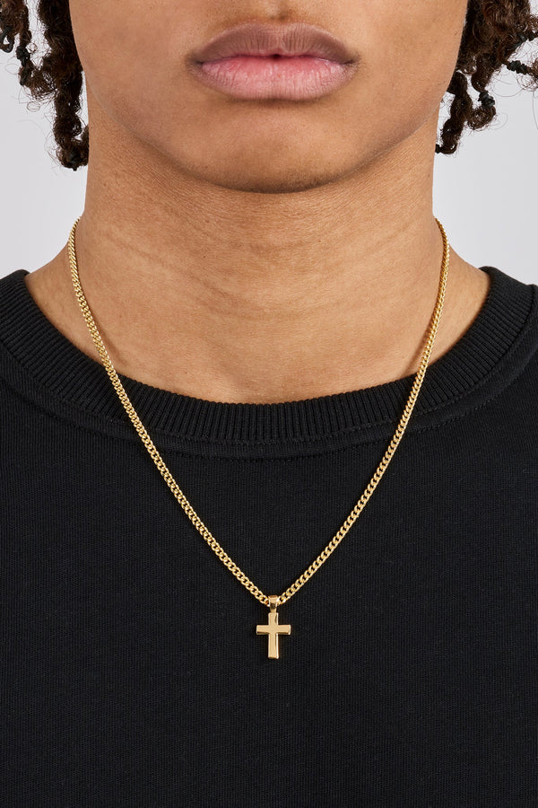 Polished Drop Cross Cuban Chain - 3mm - Gold