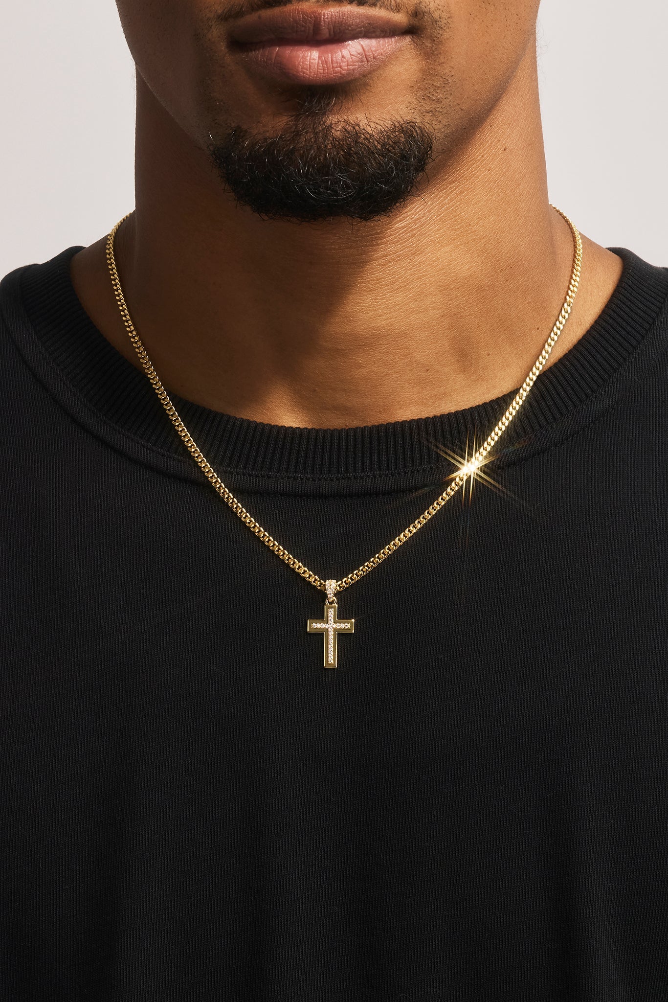 Stacked Polished & Iced Cross Necklace - 20mm - Gold