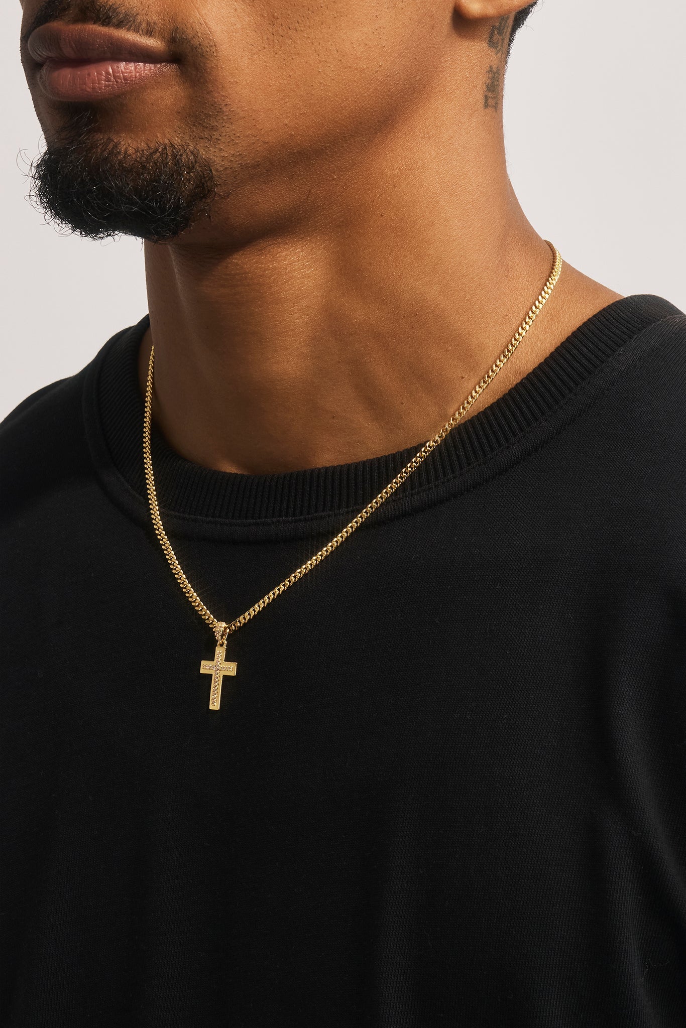 Stacked Polished & Iced Cross Necklace - 20mm - Gold