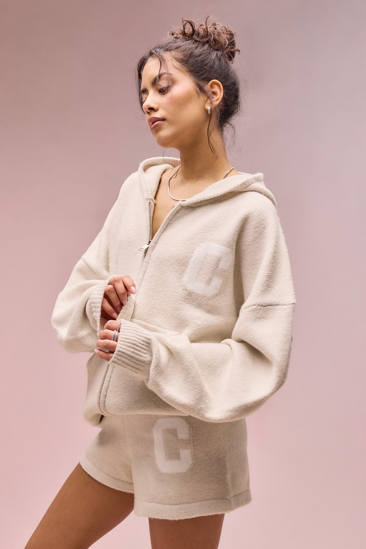 Hooded Zip Through Knitted Hoodie & Short - Oatmeal