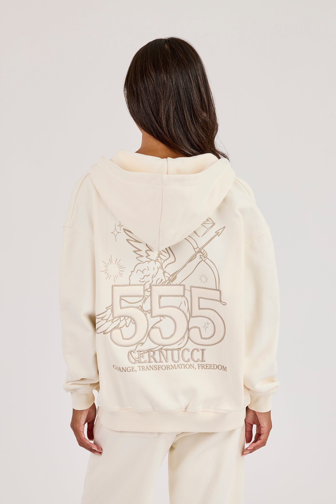 555 Embroidered Oversized Zip Through Hoodie - Off White