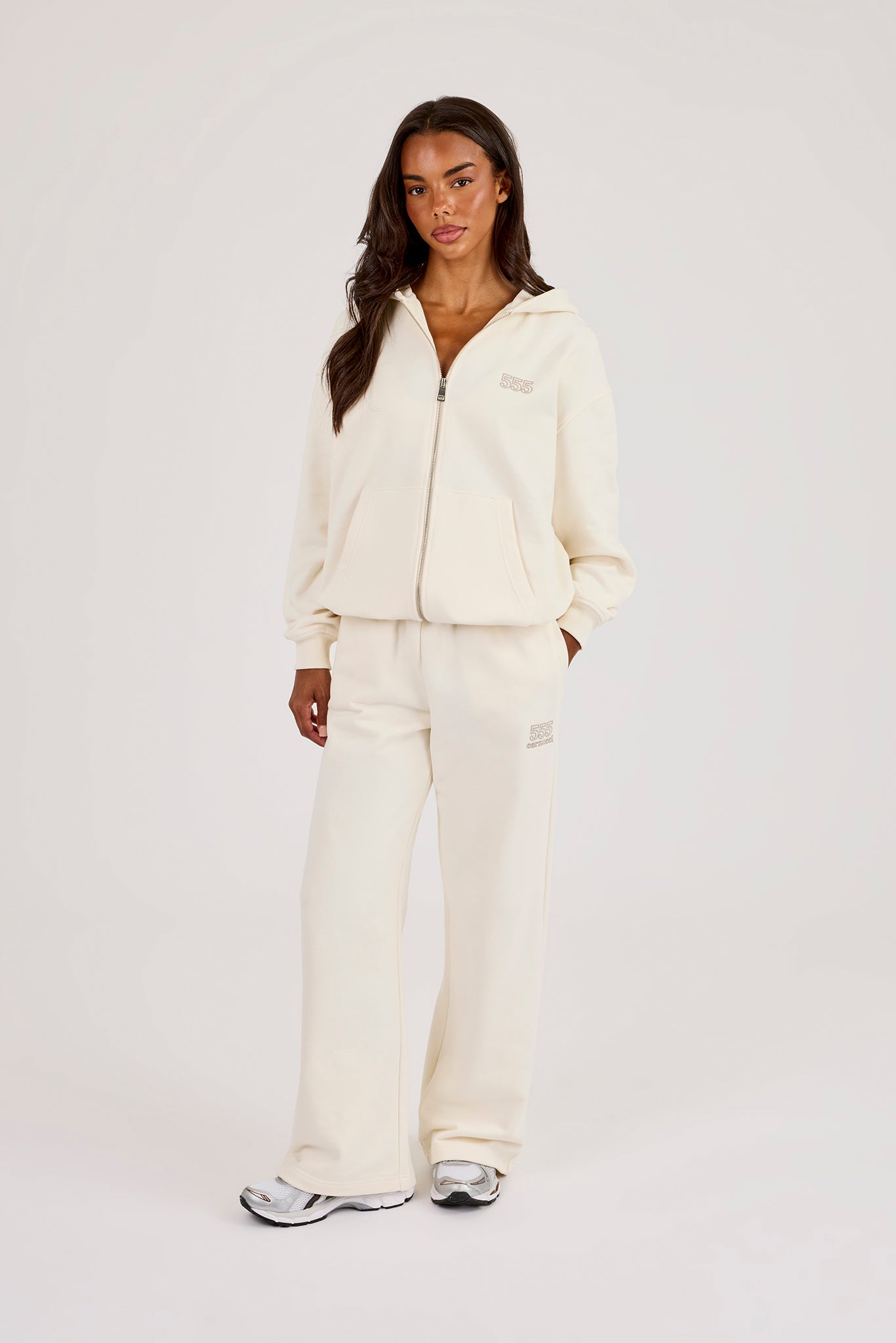 555 Embroidered Oversized Zip Through Hoodie & Wide Leg Jogger - Off White