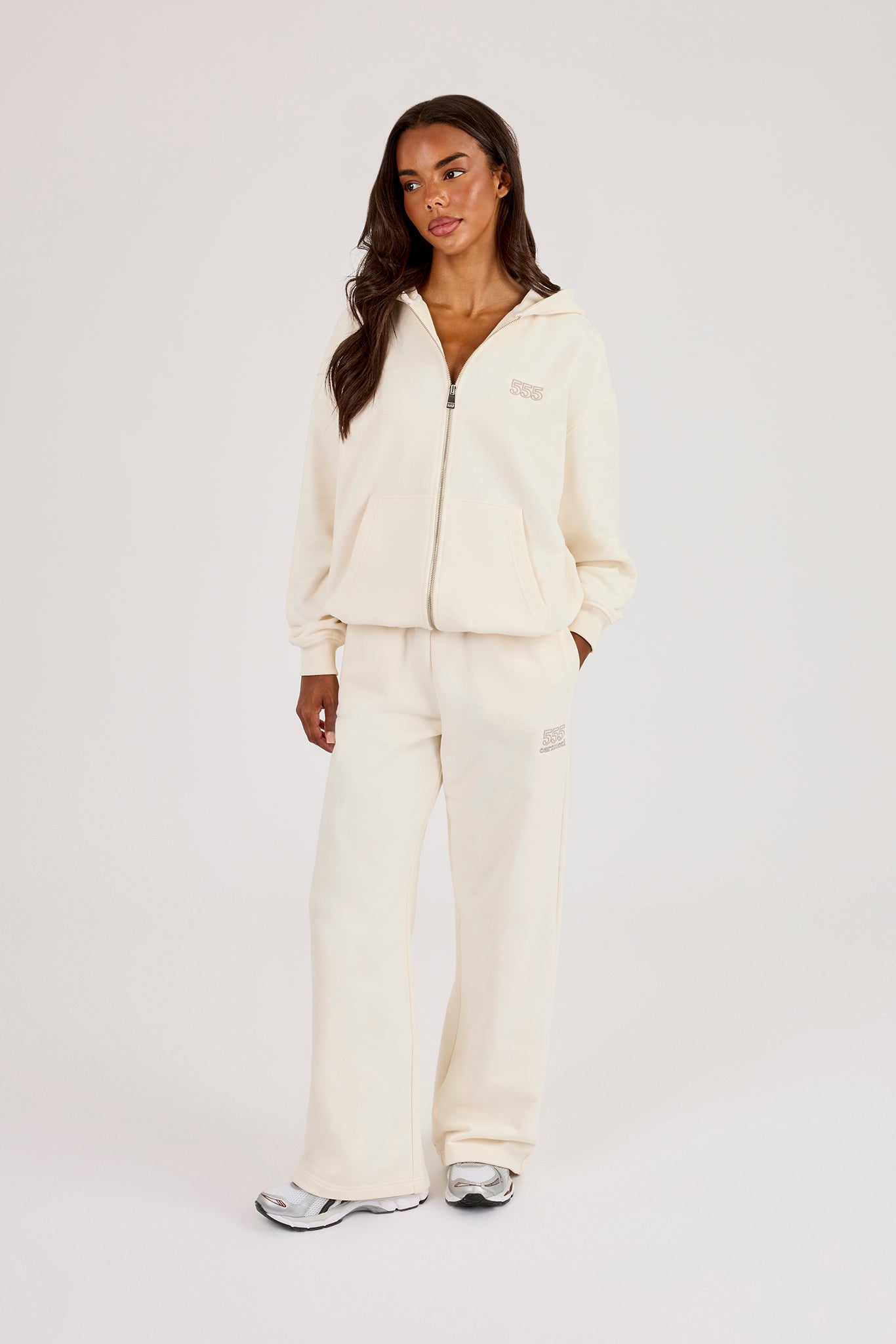 555 Embroidered Oversized Zip Through Hoodie - Off White
