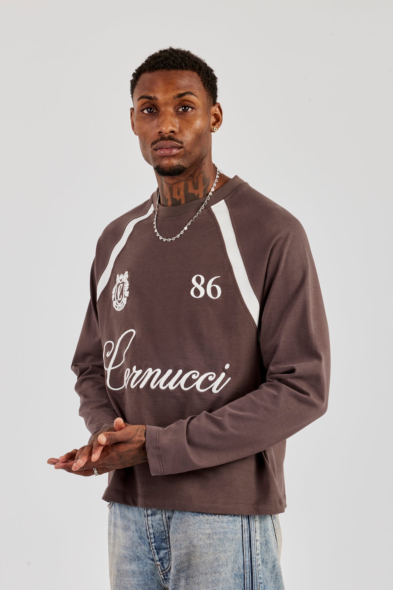 Long Sleeve Contrast Panel T-Shirt - Coffee