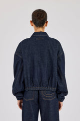 Contrast Stitch Denim Collared Bomber - Indigo