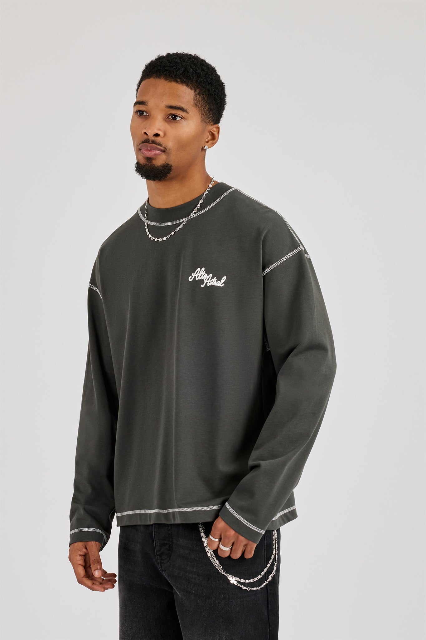 Contrast Stitch Alto Astral Long Sleeve T-Shirt - Charcoal