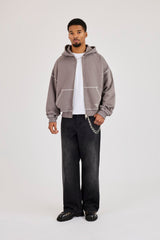 Contrast Stitch Amor Carioca Boxy Zip Hoodie - Charcoal