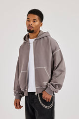 Contrast Stitch Amor Carioca Boxy Zip Hoodie - Charcoal