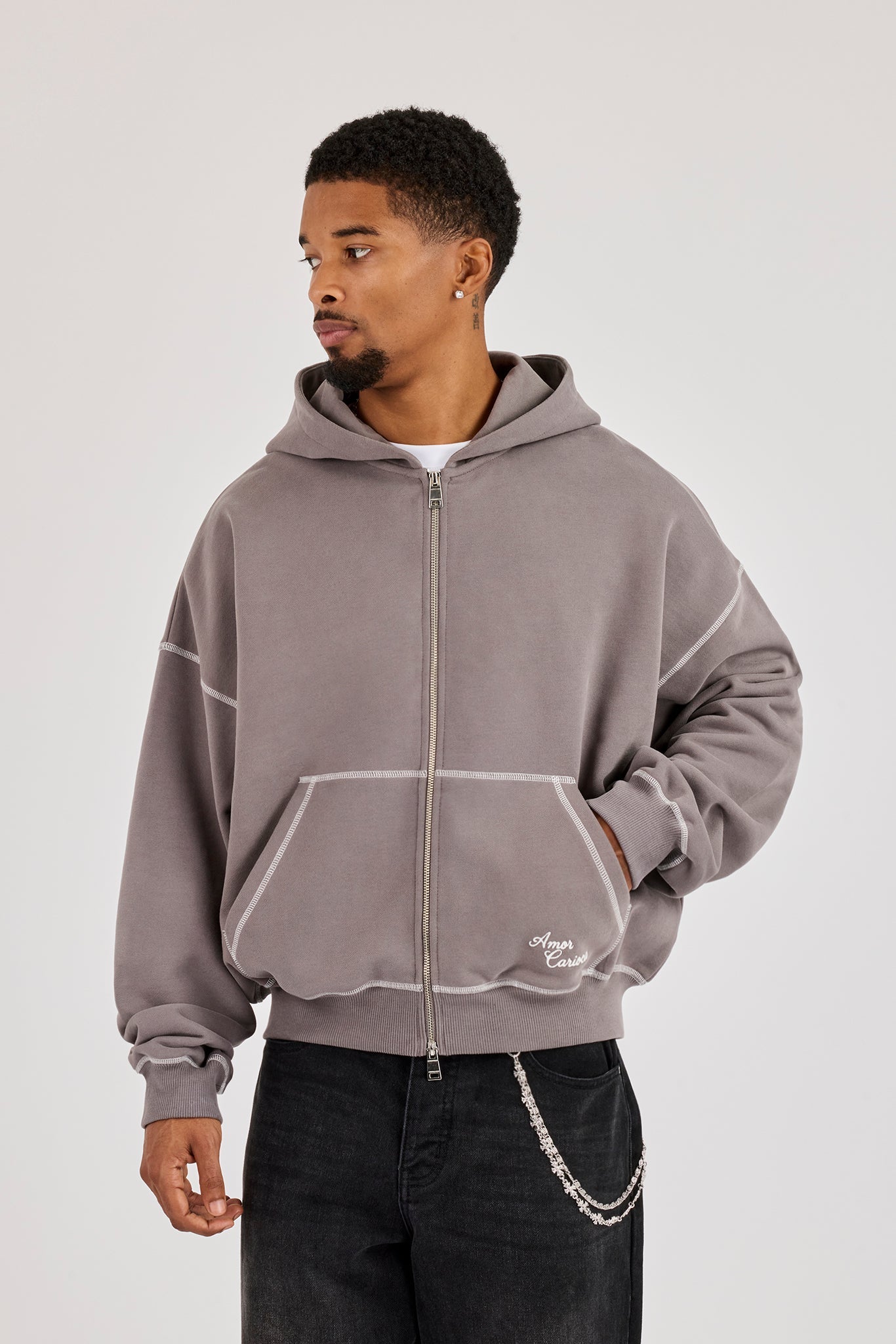 Contrast Stitch Amor Carioca Boxy Zip Hoodie - Charcoal