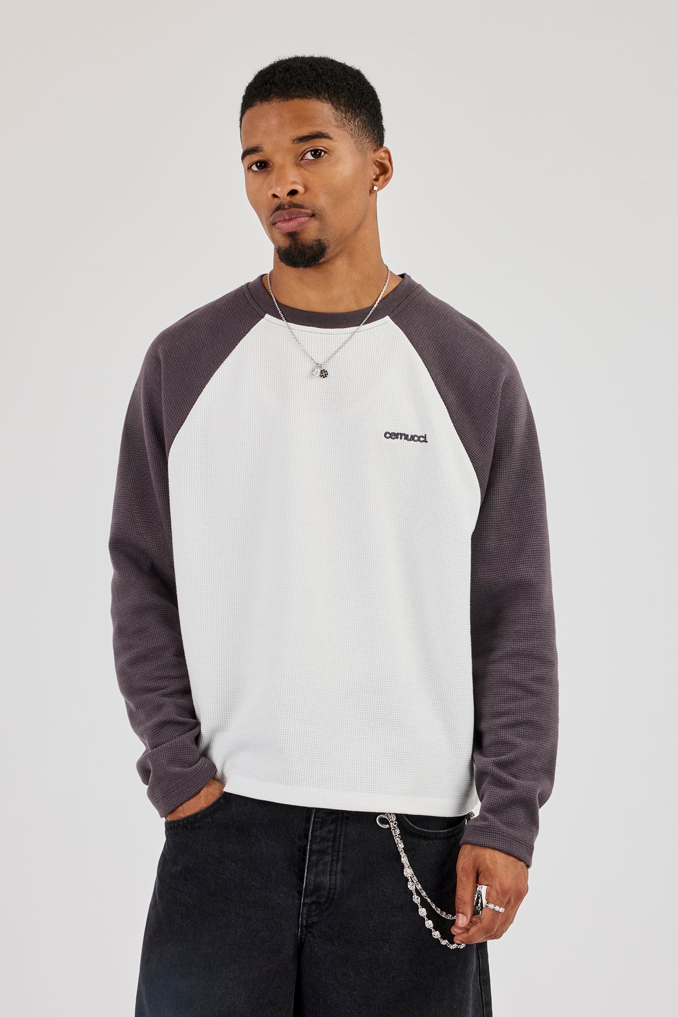 Long Sleeve Waffle Raglan T-Shirt - Charcoal | Mens Tees & Vests