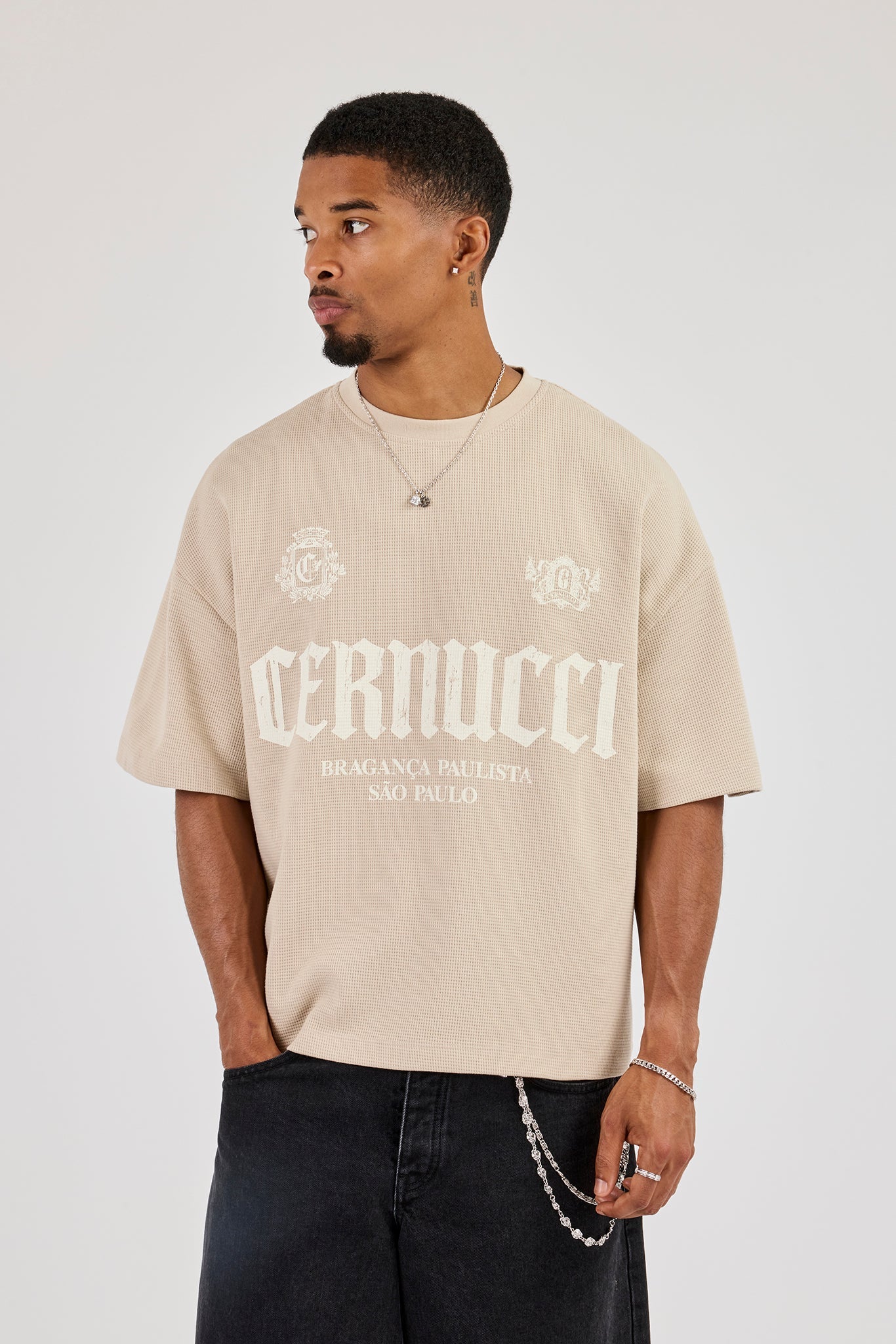 Boxy Waffle Contrast Print T-Shirt - Stone