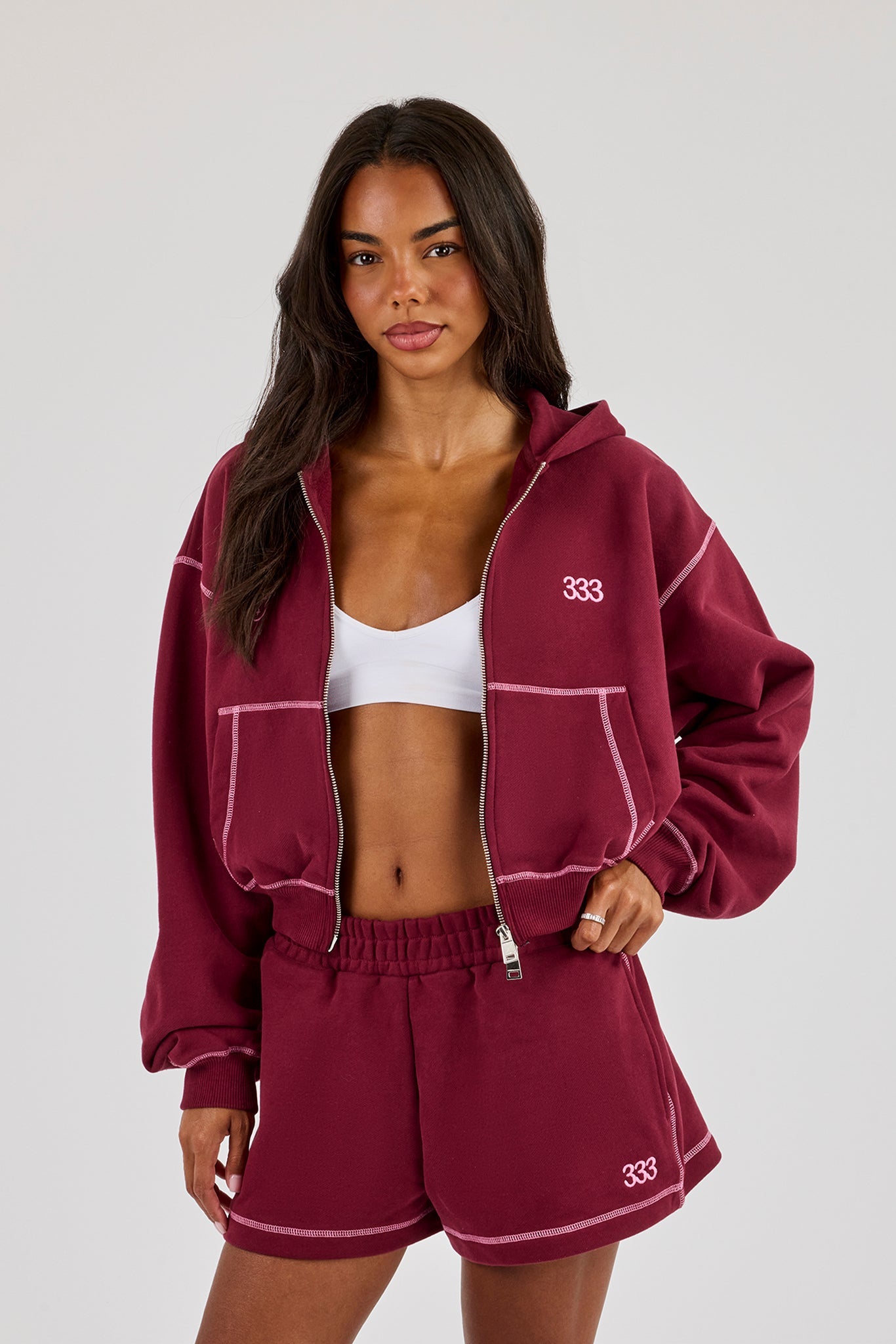 Cropped Contrast Stitch Cherub Graphic Zip Hoodie - Berry