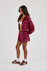 Cropped Contrast Stitch Cherub Graphic Zip Hoodie & Short - Berry