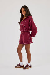 Cropped Contrast Stitch Cherub Graphic Zip Hoodie & Short - Berry