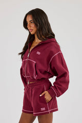 Cropped Contrast Stitch Cherub Graphic Zip Hoodie - Berry