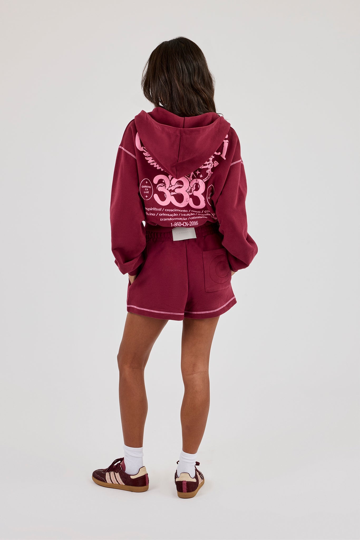Cropped Contrast Stitch Cherub Graphic Zip Hoodie & Short - Berry