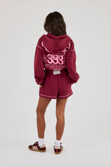 Cropped Contrast Stitch Cherub Graphic Zip Hoodie & Short - Berry