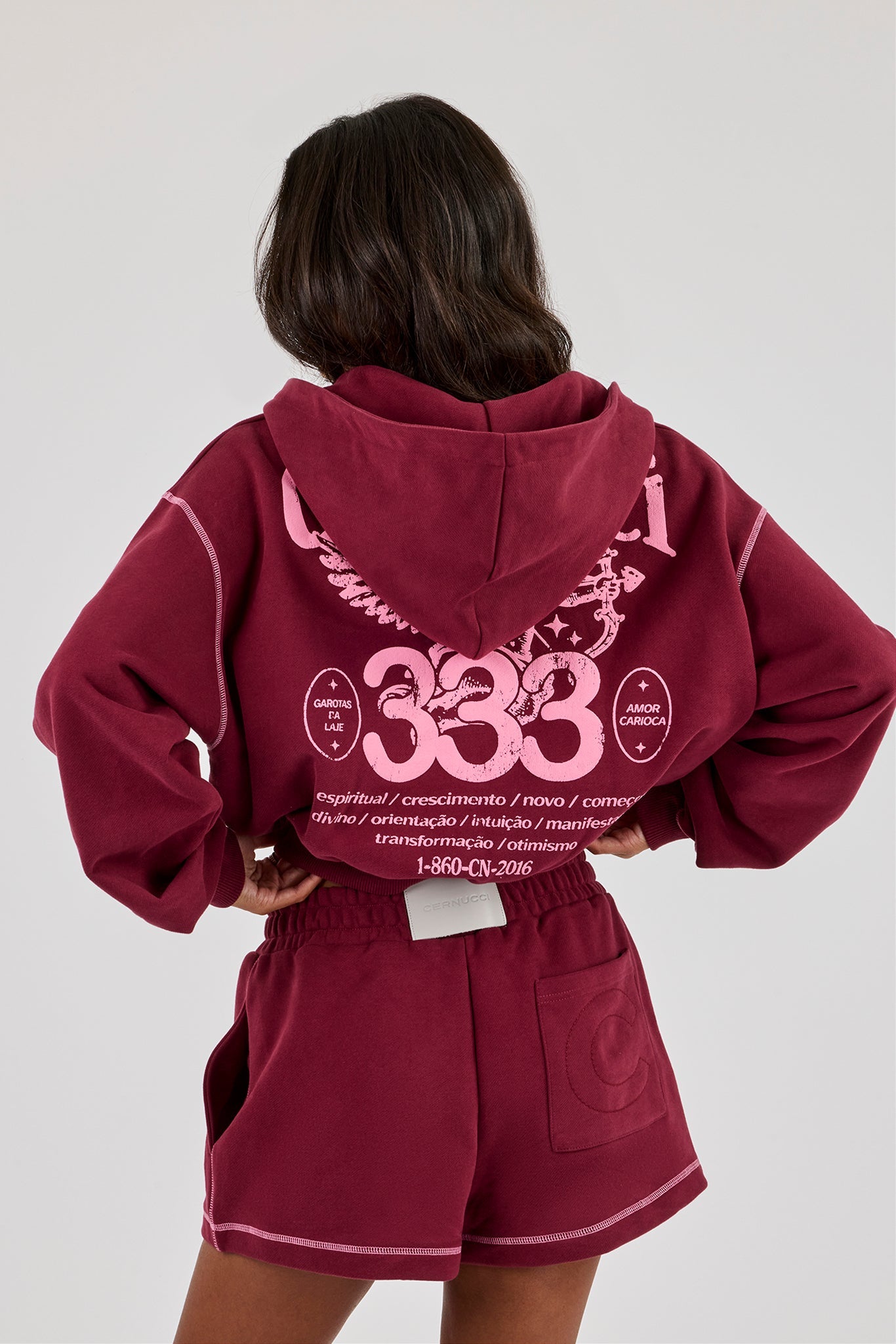Cropped Contrast Stitch Cherub Graphic Zip Hoodie - Berry