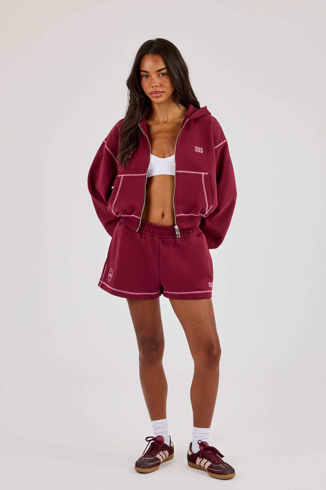 Cropped Contrast Stitch Cherub Graphic Zip Hoodie & Short - Berry